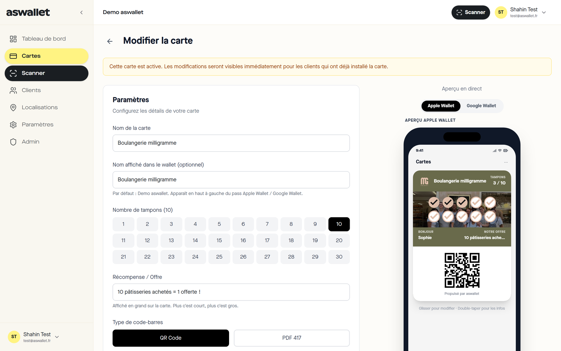 Éditeur aswallet avec aperçu Apple Wallet en direct